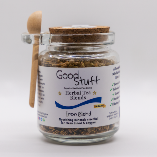 Glass jar including a wooden spoon full of an iron dense herbal blend made from Burdock Root, Yellowdock Root, Sarsaparilla, Dandelion Root, Elder Flower, and Elderberries. All alkaline, electric, organic, and vegan.