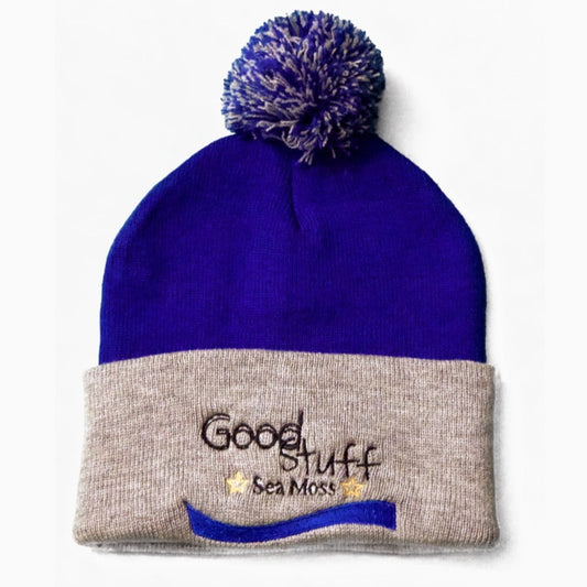 Royal Blue and Grey beanie with a puff on top featuring heavy embroidery showcasing Good Stuff Health Sea Moss Gel.