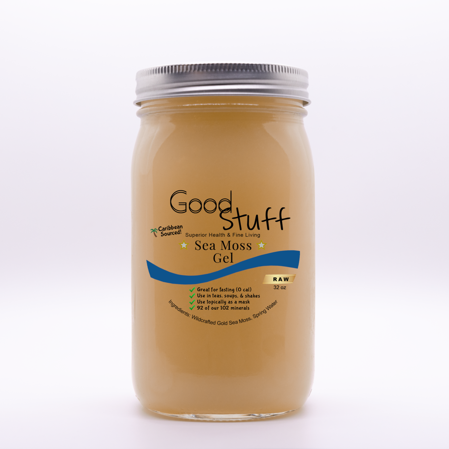 32oz glass jar filled with Wildcrafted Sea Moss Gel from Good Stuff Health