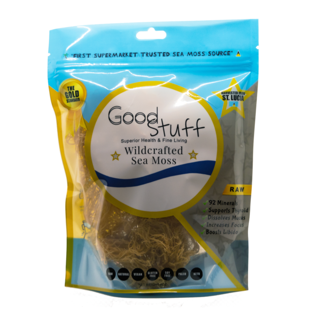 Wildcrafted and sun-dried golden sea moss algae bagged and sold by GoodStuff Health. 100% Harvested from St. Lucia in the Caribbean. 