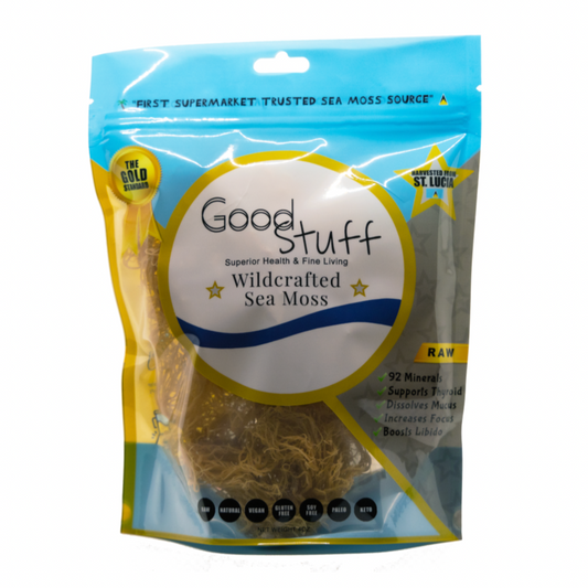 Wildcrafted and sun-dried golden sea moss algae bagged and sold by GoodStuff Health. 100% Harvested from St. Lucia in the Caribbean.